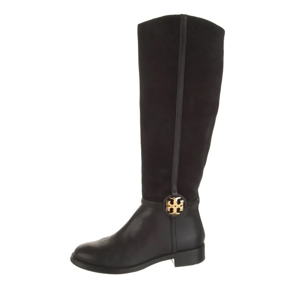 TORY‎ BURCH Miller Knee Riding Boot GOLD LOGO LEATHER SUEDE BLACK Sz-7.5 550$